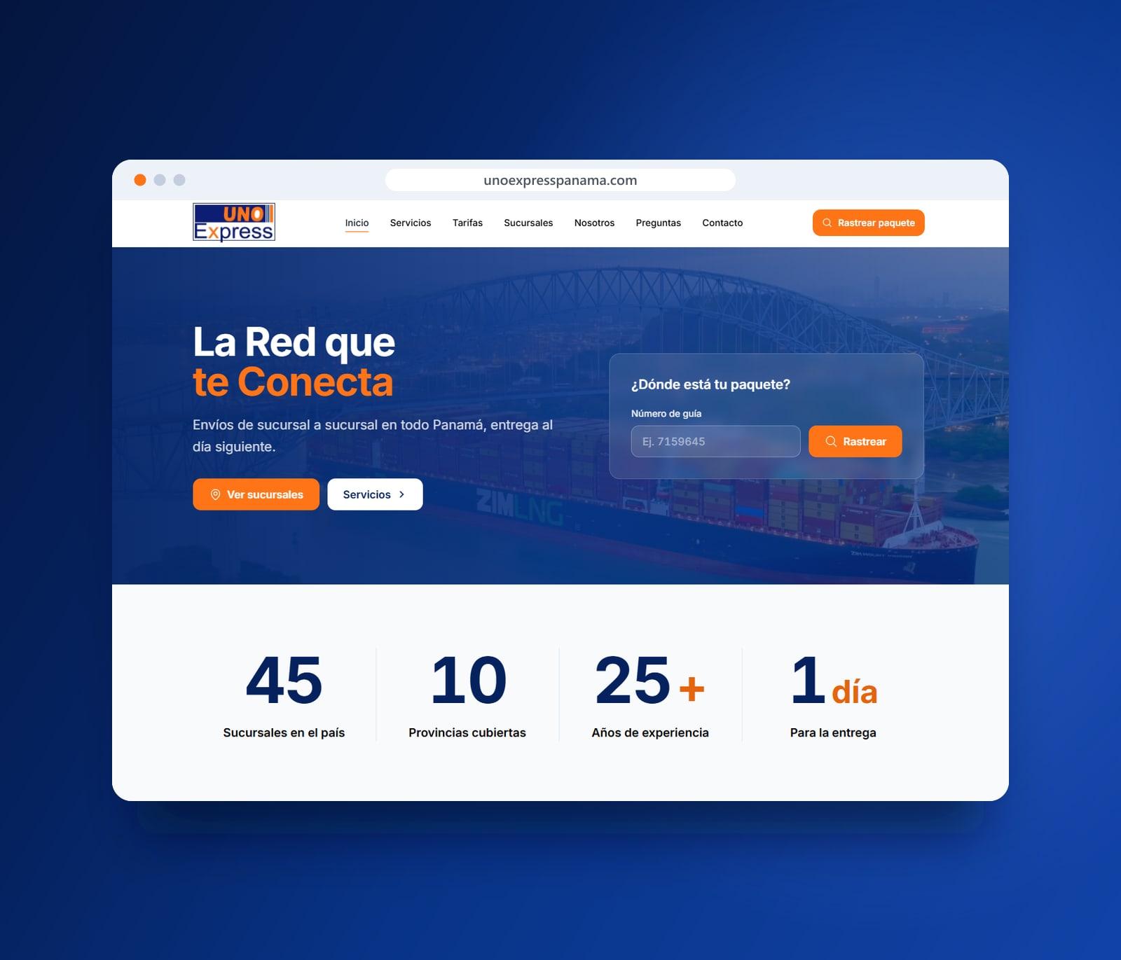 El nuevo sitio web de Uno Express en una ventana de navegador